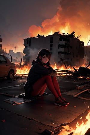 A girl sits alone on a darkened city street amidst chaos. Flames engulf a burning car behind her, with debris scattered across the asphalt. A destroyed building looms in the background, smoke billowing from its shattered facade. In the distance, a fire rages, fueled by an explosion that has left a motor vehicle smoldering in ruins. The girl's silhouette is framed against the fiery backdrop, her gaze fixed on some unseen horror.