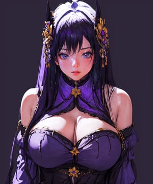 masterpiece, best quality, highly detailed, trending, 1girl, busty, purple themed clothing, long hair, simple background
