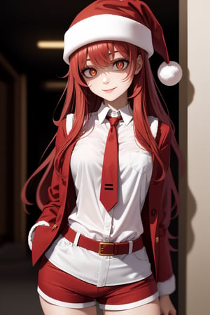 masterpiece, best quality, highly detailed, absurdres, 8k, 1girl, petite, (ginger long hair), hazel eyes, {wearing white shirt, red tie, matching shorts, red jacket, santa hat}, (solo female), (yandere), crazy smile, constricted pupils, (shaded face), looking at viewer, yameroyandere, (horror), (horror atmosphere)