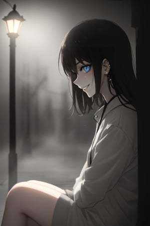 A young girl's enigmatic grin is shrouded in mystery as she sits alone on a dimly lit, foggy street. Her porcelain skin glows softly amidst the eerie mist, her piercing gaze seeming to hold secrets unknown. The camera captures her profile, with a faint streetlamp casting long shadows across her face.