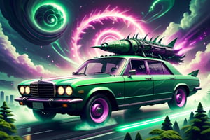 DonMM4hM4g1cXL car, jet engine, antigrav engine, futuristic, tech, awesome luxury design, green alien, pink, sparkling glitter, heck spoiler, geht nicht mehr, cyberpunk city, spectral beings, trees, clouds, thunderstorm