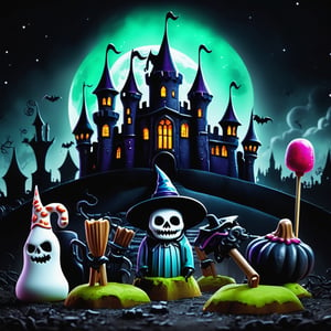 detailed,  Cryptic Day of the Dead Gothic Vampire Abandoned Factory Ghost-shaped Marshmallows Witch Hats Maleficent Smirk Moonlit Castle Grave Digger's Shovel Ghost Tours, 