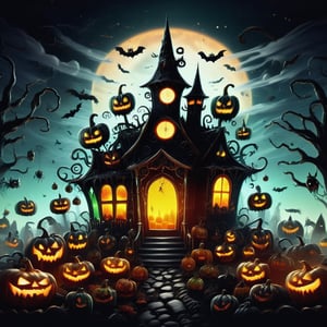 ((realistic,digital art)), (hyper detailed),donmcr33pyn1ghtm4r3xl  Whispering Retro Halloween Headless Horseman Pumpkin Patch Candy Apples Black Cats Wicked Chuckle Skull-shaped Candles Spider Silhouettes Decorating Homes and Yards