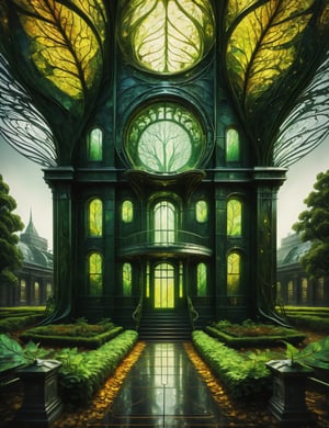 ((best quality)), ((masterpiece)), ((realistic,digital art)), (hyper detailed),DonML34f, Courthouses, Steel, Twilight, Uplighting, nature, organic, beautiful,tree,leaf 