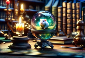 hyper detailed masterpiece, dynamic realistic awesome quality, magical crystal ball , showing a hamster, wizards workshop, candles, books, gloomy, eerie, DonMCry5741b411XL 