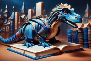 hyper detailed masterpiece,  dynamic, awesome quality, dino, cocktail, blue, vibrant colors, town, city, made of books and pages, leather, duck,happy, serene, ethereal, DonMB00ksXL