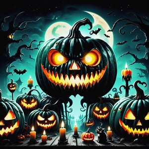 ((realistic,digital art)), (hyper detailed),donmcr33pyn1ghtm4r3xl  Whispering Retro Halloween Headless Horseman Pumpkin Patch Candy Apples Black Cats Wicked Chuckle Skull-shaped Candles Spider Silhouettes Decorating Homes and Yards