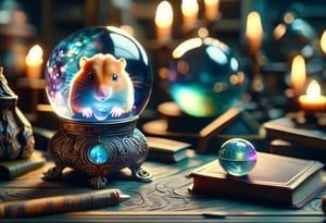 hyper detailed masterpiece, dynamic realistic awesome quality, magical crystal ball , showing a hamster, wizards workshop, candles, books, gloomy, eerie, DonMCry5741b411XL 