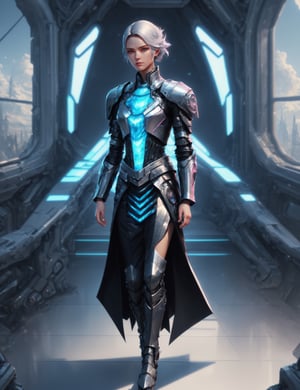 ((best quality)), ((masterpiece)), ((realistic,digital art)), (hyper detailed),DonMR0s30rd3r female knight full body clothing,  Neural Interface Leather,   Batwing Sleeves, Maxi Length, Empire Waist, Pleated Skirt,  Cargo Pockets,,Ombre Wash,,Asymmetric Hem,,Closure Type,,Contrast Stitching,High Slit, Button Closure,  , octane rendering, raytracing, volumetric lighting, Backlit,Rim Lighting, 8K, HDR