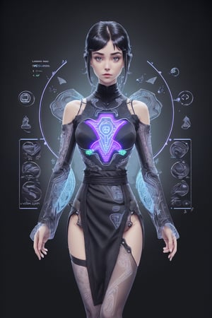 LaceAI human, upper body clothing, Mock Neck, Suede, , Programmable Smart Nanomaterials, Three-Quarter Sleeves, High-Low Hemline, High Waist,  Sash,  , lower body clothing, Biomech Silk, Futuristic Hieroglyph Pattern,, Transparent OLED Screens, Tunic Length, High Waist,  Cross-Back