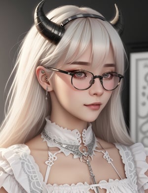 Egirl, hyper detailed masterpiece, dynamic realistic digital art, awesome quality,a girl with platinum blonde hair, round glasses, dragon horns, cute