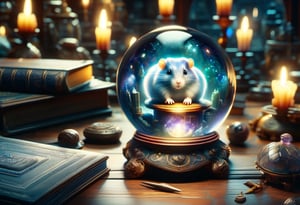 hyper detailed masterpiece, dynamic realistic awesome quality, magical crystal ball , showing a hamster, wizards workshop, candles, books, gloomy, eerie, DonMCry5741b411XL 