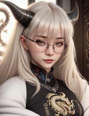 Egirl, hyper detailed masterpiece, dynamic realistic digital art, awesome quality,a girl with platinum blonde hair, round glasses, dragon horns, cute