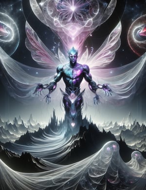 ((best quality)), ((masterpiece)), ((realistic,digital art)), (hyper detailed),DonMC0sm1cW3b heart, astral cosmic webs, male Sylph, humanoid elemental being, delicate and ethereal beings with gossamer wings, guardians of the air, mountain top,weather, Geriatric Muscular, Polynesian, Black eyes, Flared Ears,  Unusual Chin,  High Cheekbones,  Heart face shape with Pointed Chin, Athletic Build,  , Grey Dreadlocks hair, Gratitude,, Weaving spells into fabric, creating enchanted garments and cloaks,  Mystic, (Enchanted,Circulation,Cyan,Coral Pink Channel,Conjure,Glamour ,Self-healing Concrete Wave propagation,Parallel liness,Cylinder,Colloids magic:1.0) Healing Waters , Arms swirling in circular motions, summoning a cyclone of magic, Twilight Spark,DonMC0sm1cW3b