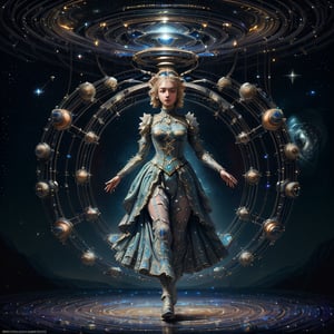 Detailed, a stellar princess wearing an DonMASKTex dress, upper body shot, with cables, springs, struts, walking backwards through the cosmic mirror,  stunningly beautiful, 