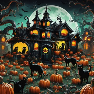 ((realistic,digital art)), (hyper detailed),donmcr33pyn1ghtm4r3xl  Whispering Retro Halloween Headless Horseman Pumpkin Patch Candy Apples Black Cats Wicked Chuckle Skull-shaped Candles Spider Silhouettes Decorating Homes and Yards