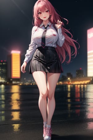 milf, solo, Wearing white Shirt With Tie And Black Short Skirt, Looking At Viewer, Blush, Wearing Pink Sneaker, long length Hair, maroon color hair, Flirty Smile, Detailed beautiful face, Night City in The background, Posing, Standing, Detailed hand,Detailedface