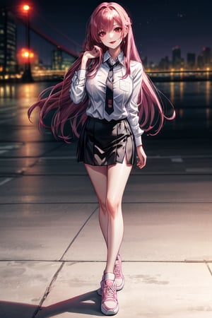 milf, solo, Wearing white Shirt With Tie And Black Short Skirt, Looking At Viewer, Blush, Wearing Pink Sneaker, long length Hair, maroon color hair, Flirty Smile, Detailed beautiful face, Night City in The background, Posing, Standing, Detailed hand,Detailedface