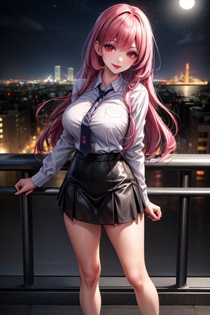 milf, solo, Wearing white Shirt With Tie And Black Short Skirt, Looking At Viewer, Blush, Wearing Pink Sneaker, long length Hair, maroon color hair, Flirty Smile, Detailed beautiful face, Night City in The background, Posing, Standing