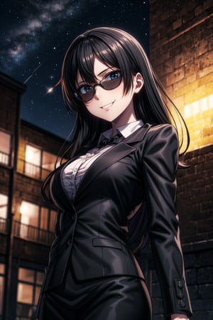 Sharp Focus, Wearing Black Suit, Long Orange Hair, Cheeky smile, High Way In the Back Ground, night TIme, Stars In the Sky, Wearing Blach Shades, Close View,hancock1