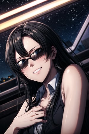 Sharp Focus, Wearing Black Suit, Long Orange Hair, Cheeky smile, High Way In the Back Ground, night TIme, Stars In the Sky, Wearing Blach Shades, Close View,hancock1