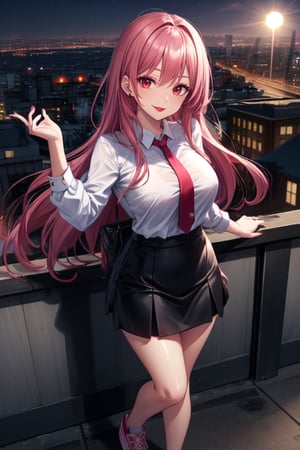 milf, solo, Wearing white Shirt With Tie And Black Short Skirt, Looking At Viewer, Blush, Wearing Pink Sneaker, long length Hair, maroon color hair, Flirty Smile, Detailed beautiful face, standing On a Building Roof, Night City in The background, Posing