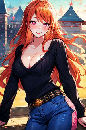 masterpiece, best quality, illustration, yuzu, NamiFinal, Wearing Black Sweater And Short Jeans, Pink eyes, Wearing Sunglass, Seducing Pose, Flirty Smile, Digital Manga Illustration, sharp focus, Slim Thigs, Blush, Orange hair, Japanese Castle In THe background(detailed)