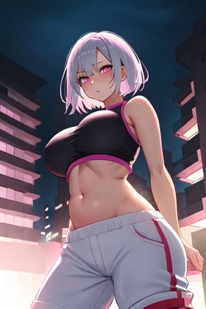 1girl, solo, Short silver Hair, Floating Hair, Wearing Black Crop Top revealing Her belly button And White Pant, Wearing pink Sneakers, (masterpiece), (highly Detailed),yofukashi background, Seducing Gaze, Posing, Night Time, Sharp Focus, backlighting, Digital Manga Illustration, Fit Body, Big_Breast