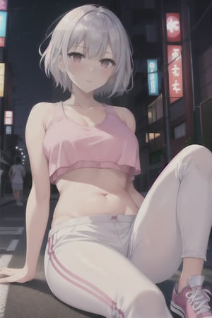 1girl, solo, Short silver Hair, Floating Hair, Wearing Crop Top revealing Her belly button And White Pant, Wearing pink Sneakers, Tokyo Streets In the Background,(masterpiece), (highly Detailed),yofukashi background, Seducing Gaze, Seducing Pose,, Night Time, Sharp Focus, Blush