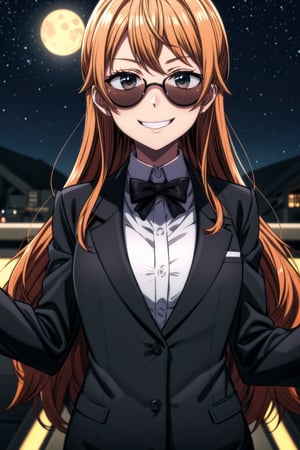 NamiFinal, Sharp Focus, Wearing Black Suit, Long Orange Hair, Cheeky smile, High Way In the Back Ground, night TIme, Stars In the Sky, Wearing Blach Shades, Close View