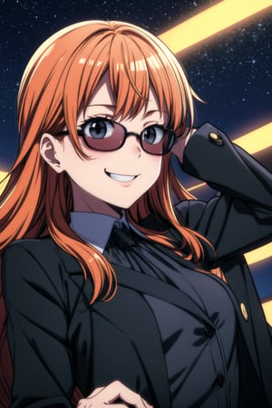 NamiFinal, Sharp Focus, Wearing Black Suit, Long Orange Hair, Cheeky smile, High Way In the Back Ground, night TIme, Stars In the Sky, Wearing Blach Shades, Close View