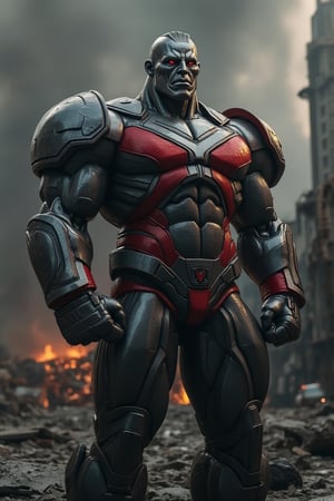 An hyperrealistic photography of Piotr Rasputin, also known as Colossus, from Marvel. He is depicted as muscular and imposing, with his entire body and especially his face made of gleaming organic steel, highlighting his transformation. The metallic texture of his face is particularly striking, with every feature—from his strong jawline to his intense eyes—rendered in shining metal. His modern X-Men costume, featuring dark red and black tones with metallic shoulder plates and a prominent X emblem on his chest, is battle-worn, showing signs of a recent fight. Colossus has his classic short, flat-top haircut, also made of metal, adding to his formidable appearance. The scene is set in the aftermath of a battle, with debris and smoke enveloping the environment. An epic and dark atmosphere is created by dramatic lighting that casts deep shadows and accentuates the metallic sheen of his face, making it the focal point of the image. Colossus stands tall and resilient, his expression unyielding, as he surveys the destruction around him, ready for whatever comes next.