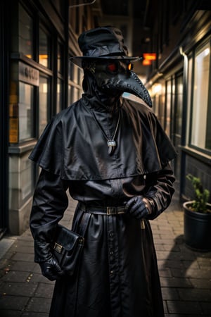 Full view, Plague doctor at the time of the Black Death holding a briefcase in a dimly lit alleyway, black gloves, plague doctor costume, (black beaked mask), RAW, (Photorealistic:1.4), masterpiece, best quality, ultra-detailed, highres, 8K raw photo, cinematic lighting, taken with a Sony Alpha 1 with a 50mm F/1.4 lens, rich colors,Plaguecore