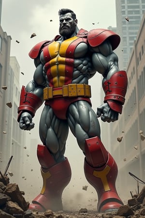 Create a detailed image of Piotr Rasputin, also known as Colossus, from Marvel. He is depicted as muscular and imposing, with his iconic organic steel skin reflecting light. He is wearing his original X-Men costume, a red and yellow uniform with metallic accents, torn and damaged from a recent battle. The scene is set in the aftermath of a fight, with debris and smoke surrounding him. Colossus stands tall and resilient, his expression showing both strength and resolve, as he surveys the destruction around him, ready for whatever comes next.