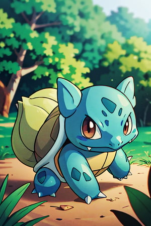 centered, award winning photo, (looking at viewer:1.2), |  Bulbasaur_Pokemon, |forest, big trees | bokeh, depth of field, cinematic composition, | ,Wartortle_Pokemon
