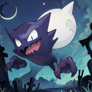 ((masterpiece,best quality)), , Haunter_Pokemon, floating,  no humans, pokemon \(creature\),solo, smiling, looking at viewer,graveyard, crescent moon,cinematic composition,