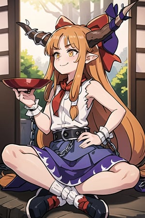 masterpiece, best quality,   ,1girl, ibuki suika, horns, solo, tree, long hair, skirt, horn ornament, shirt, sitting, cup, low-tied long hair, white shirt, horn ribbon, sleeveless, indian style, bow, orange hair, sakazuki, sleeveless shirt, outdoors, ribbon, socks, wrist cuffs, white socks, very long hair, hair bow, purple skirt, blue skirt, holding, holding cup, bangs, scenery, oni horns, belt, chain, hand on hip, day, red bow, gourd, oni, sidelocks, wide shot, alcohol, rock, horn bow, purple ribbon, east asian architecture, nature, sunlight, architecture, cuffs, closed mouth, orange eyes, indoors, shackles, sliding doors, smile, hand up, torn clothes, full body, neckerchief, forest, arm up, looking afar, looking to the side, bare shoulders