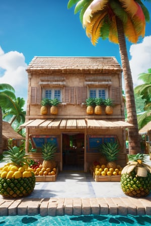 4k resolution, intricately detailed, trending on artstation, ((best quality)), ((highly detailed)), masterpiece, scenery, no humans,
outside, Delfino_Plaza, small fruit stand, pineapples, coconuts, palm tree, small house, clear blue sky, realistically detailed, HDR, ,Delfino_Plaza