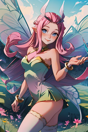 ((masterpiece,best quality)), absurdres,, Tasi_AFK, long pink hair, fairy, fairy wings, dress, thighhighs, solo, smiling, blushing, looking at viewer, cowboy shot, cinematic composition, dynamic pose, contrapposto, 