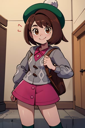 ((masterpiece,best quality)), absurdres,  ,  gloria \(pokemon\), brown hair, solo, backpack, brown eyes, tam o' shanter, grey cardigan, pink dress, short hair, green socks, socks, brown bag, bob cut, bangs, long sleeves, collared dress,  solo, smiling, looking at viewer, cowboy shot,  cinematic composition, dynamic pose, contrapposto, 