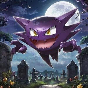 ((masterpiece,best quality)), , Haunter_Pokemon, floating, no humans, pokemon \(creature\),solo, evil smile, looking at viewer, graveyard, crescent moon,cinematic composition, ,more detail XL