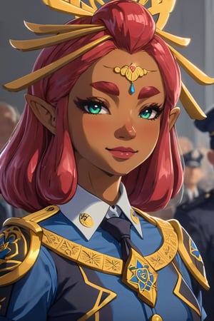 4k resolution, intricately detailed, trending on artstation,
((best quality)), ((highly detailed)), masterpiece, 
beautiful woman, full lips,  
Riju_Zelda, solo, smile, 
smug, blue police uniform, tie, 