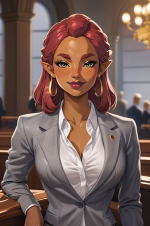 4k resolution, intricately detailed, trending on artstation,
((best quality)), ((highly detailed)), masterpiece, 
beautiful woman, full lips,  
Riju_Zelda, solo, smile, 
smug, grey blazer, lipstick, open white shirt, lawyer