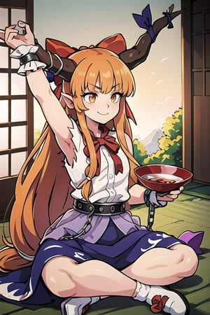 masterpiece, best quality,   ,1girl, ibuki suika, horns, solo, tree, long hair, skirt, horn ornament, shirt, sitting, cup, low-tied long hair, white shirt, horn ribbon, sleeveless, indian style, bow, orange hair, sakazuki, sleeveless shirt, outdoors, ribbon, socks, wrist cuffs, white socks, very long hair, hair bow, purple skirt, blue skirt, holding, holding cup, bangs, scenery, oni horns, belt, chain, hand on hip, day, red bow, gourd, oni, sidelocks, wide shot, alcohol, rock, horn bow, purple ribbon, east asian architecture, nature, sunlight, architecture, cuffs, closed mouth, orange eyes, indoors, shackles, sliding doors, smile, hand up, torn clothes, full body, neckerchief, forest, arm up, looking afar, looking to the side, bare shoulders