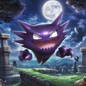 ((masterpiece,best quality)), , Haunter_Pokemon, floating, no humans, pokemon \(creature\),solo, evil smile, looking at viewer, graveyard, crescent moon,cinematic composition, ,Leonardo Style