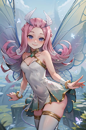((masterpiece,best quality)), absurdres,, Tasi_AFK, long pink hair, fairy, fairy wings, dress, thighhighs,   blushing, solo, smiling, looking at viewer, cowboy shot, cinematic composition, dynamic pose, contrapposto, 