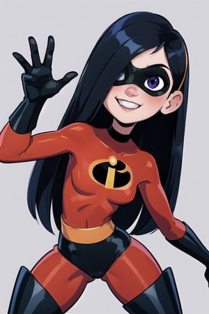 masterpiece, best quality, 1girl, violetparr, mask, long hair, black hair,  hair over one eye, cowboy shot, dynamic pose, solo, looking at viewer, smile, simple background 