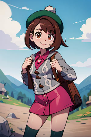 ((masterpiece,best quality)), absurdres,  ,  gloria \(pokemon\), brown hair, solo, backpack, brown eyes, tam o' shanter, grey cardigan, pink dress, short hair, green socks, socks, brown bag, bob cut, bangs, long sleeves, collared dress,  solo, smiling, looking at viewer, cowboy shot,  cinematic composition, dynamic pose, contrapposto, 