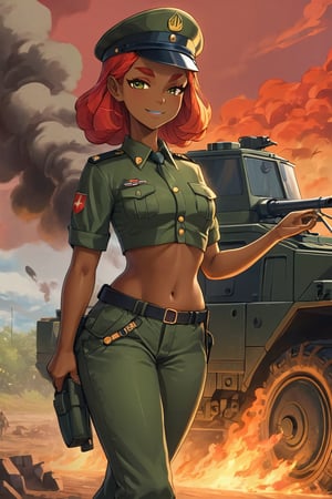 4k resolution, intricately detailed, trending on artstation,
((best quality)), ((highly detailed)), masterpiece, 
beautiful woman, full lips,  
Riju_Zelda, solo, smile, dark skin, 
military uniform, military, soldier, belt, green pants, beret, brown jacket, world war ii, war, military vehicle, battlefield, battle, dust, smoke, burning, fire, red sky, explosion, contrapposto, evil smile