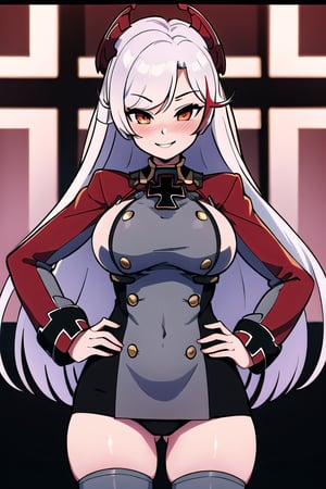 ((masterpiece,best quality)), absurdres, , Prinz_Eugen_Azur_Lane,thighhighs, , solo, smiling, smug, blushing, looking at viewer, cowboy shot, cinematic composition, hands on hips, 